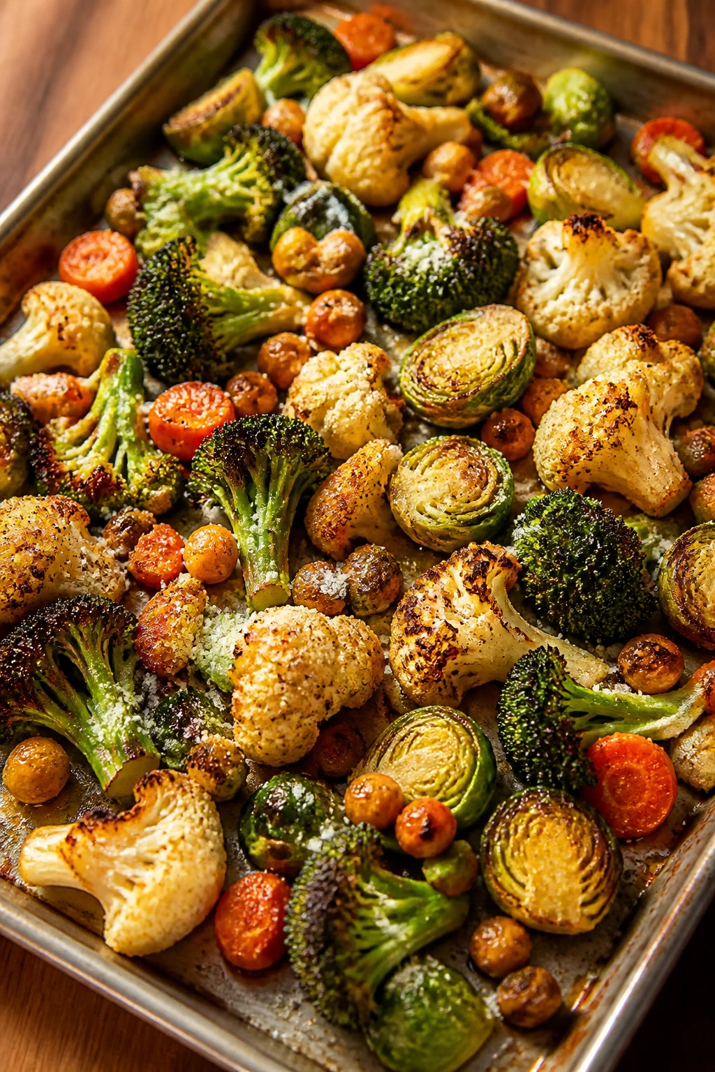 Bronzed roasted vegetables on a sheet pan with cauliflower, broccoli, sprouts, carrots, chickpeas