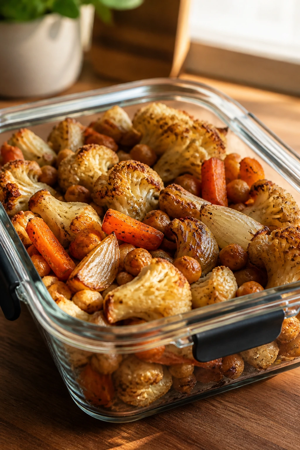 Glass container with roasted vegetables on a wooden counter