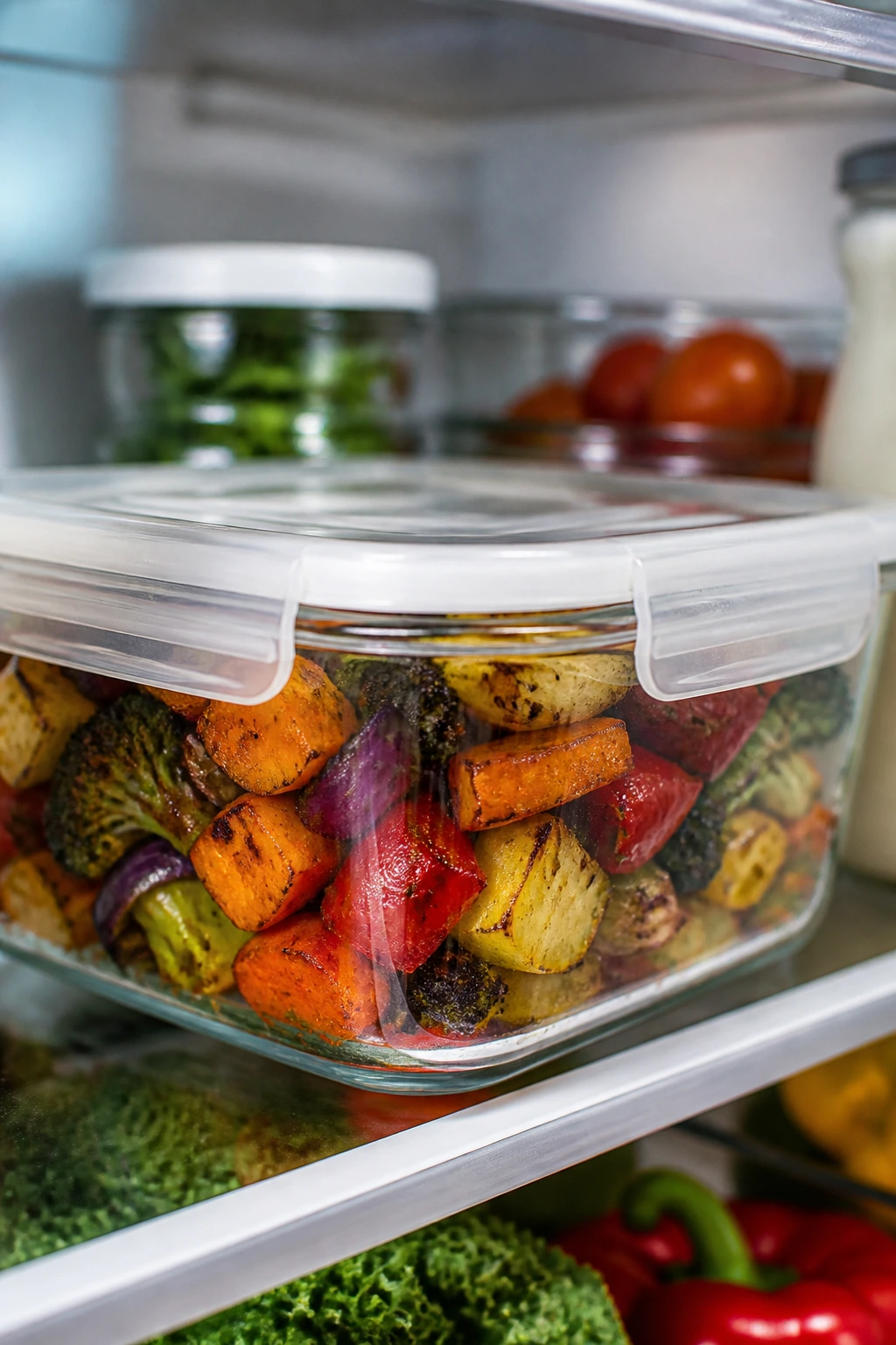 Glass storage container with roasted vegetables in refrigerator