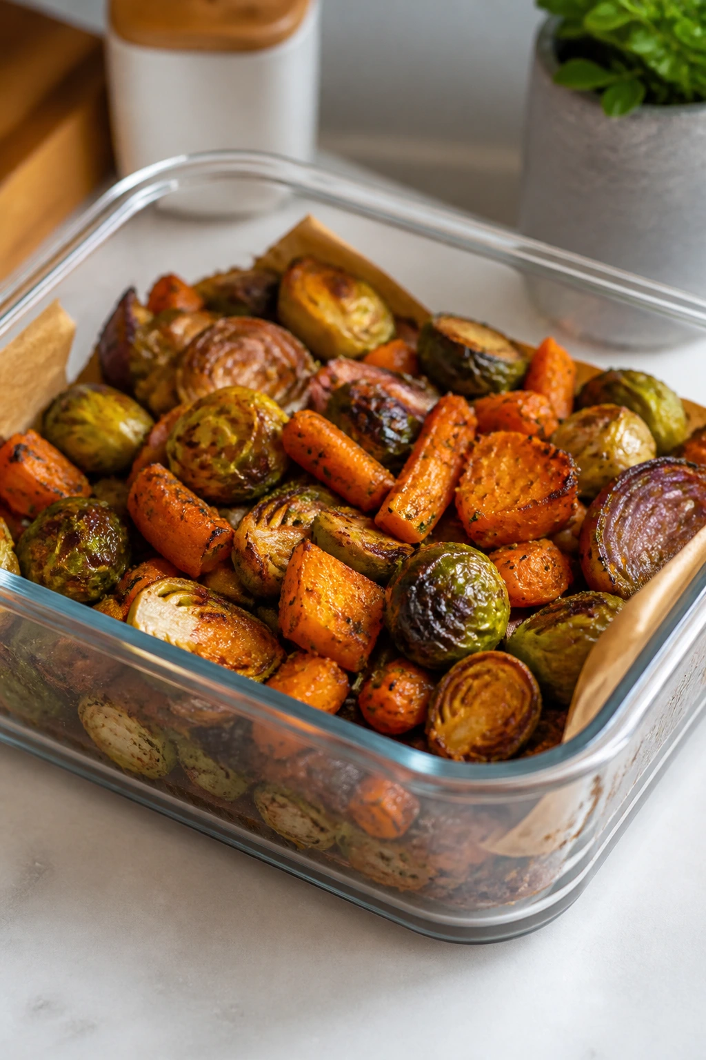 Storage container with roasted vegetables ready for make-ahead meals.