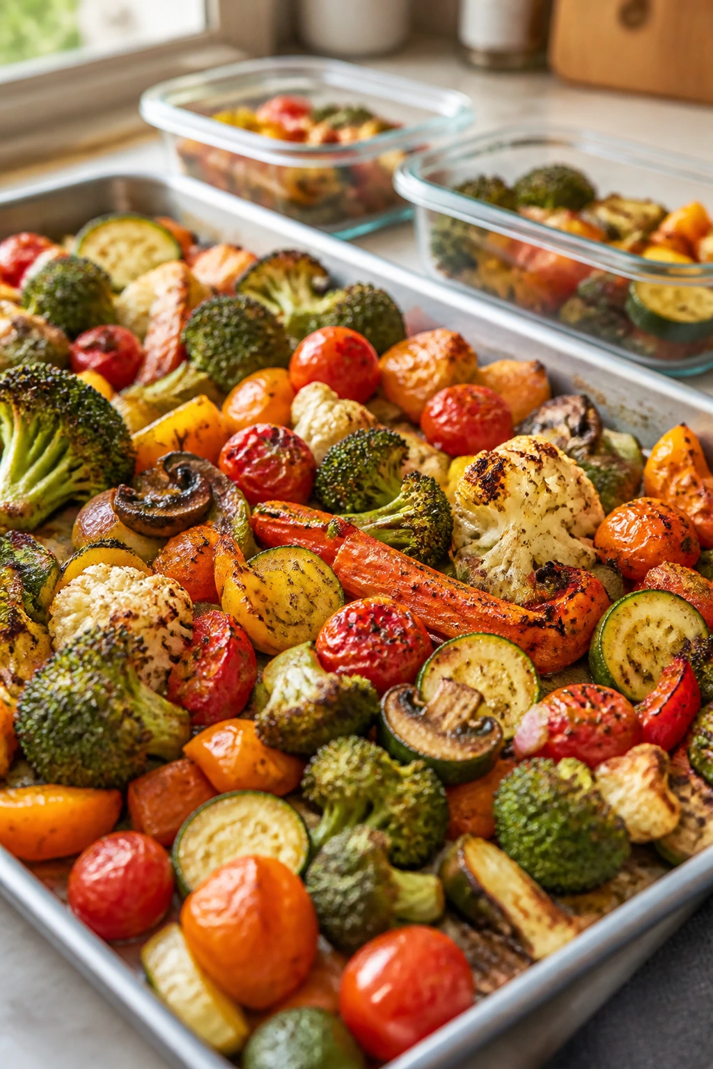Close-up of roasted vegetables on a sheet pan, ready for make-ahead storage and reheating