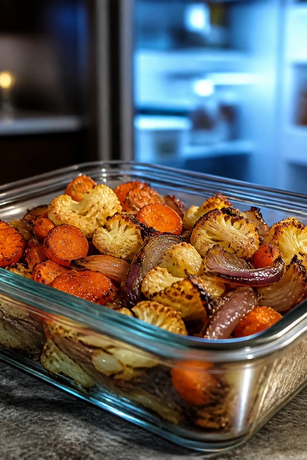 Glass container filled with roasted vegetables for make-ahead storage