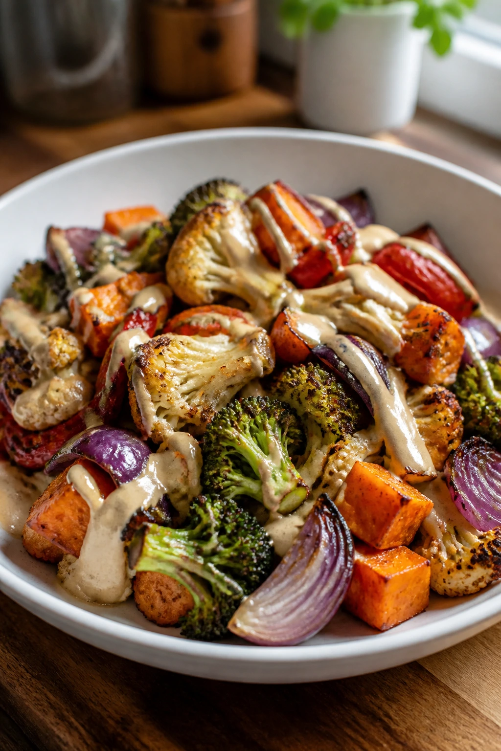 Close-up of roasted vegetables in a white bowl with tahini ribbons ready for dinner