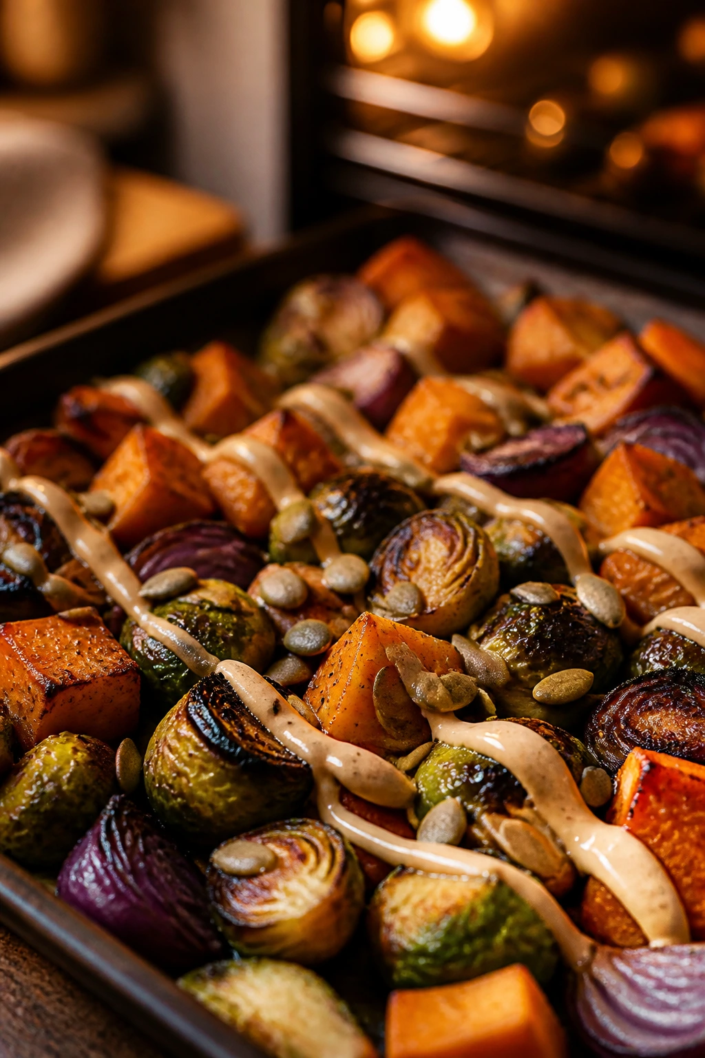 Close-up of caramelized roasted vegetables with tahini drizzle and pumpkin seeds in a warm kitchen.