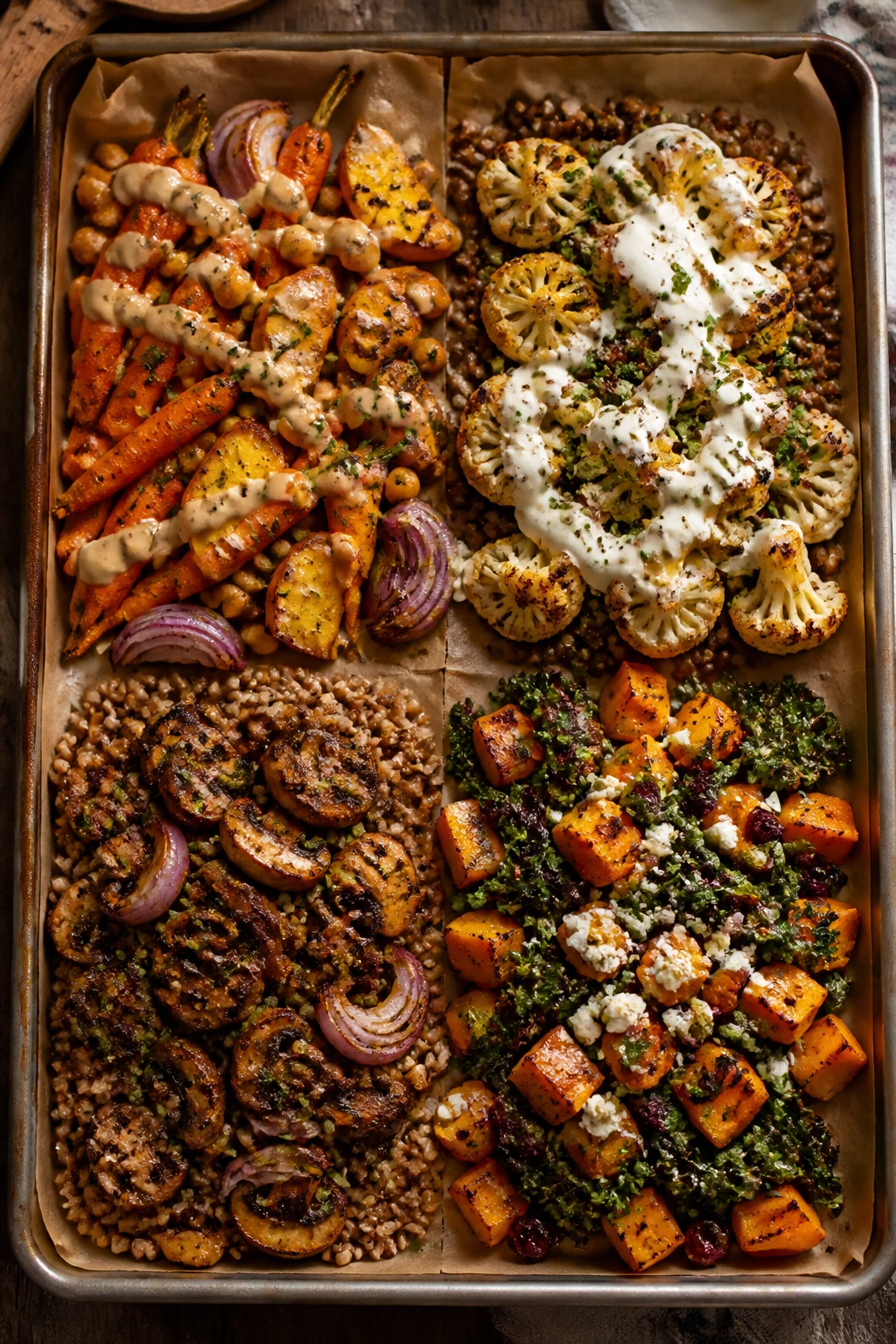 Close-up of four roasted veggie templates on a sheet pan