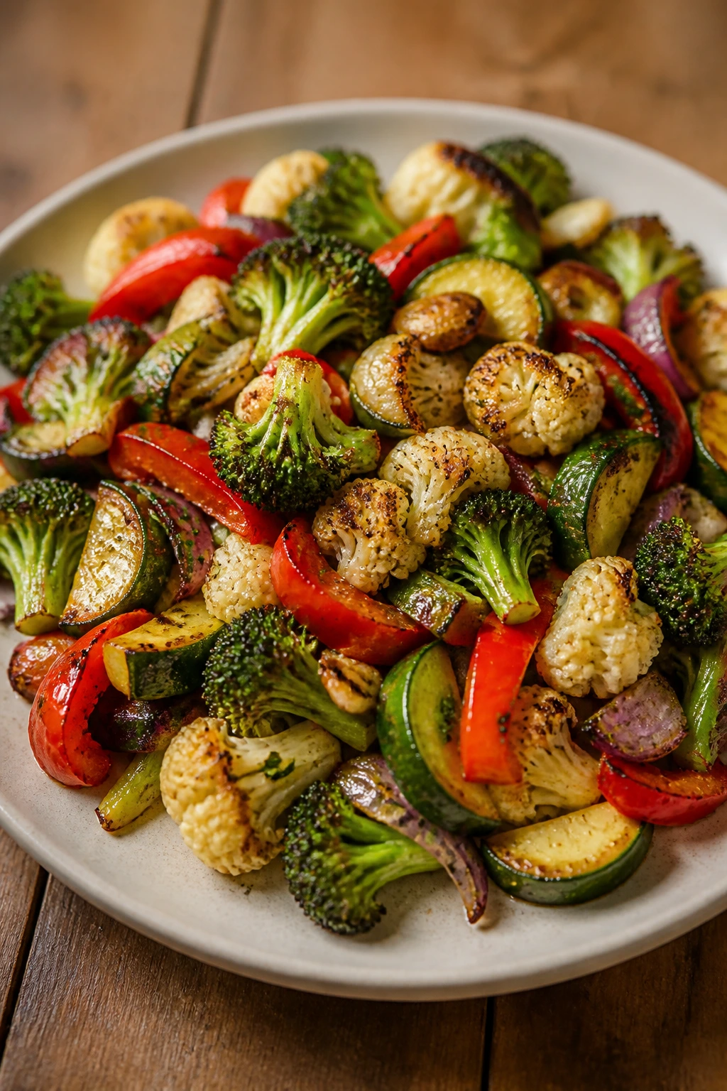 Plate of roasted vegetables showing varied textures and color