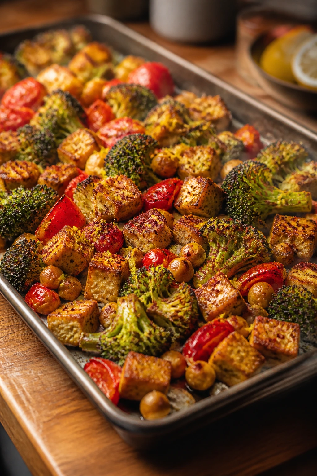 Close-up of a roasted protein veggie tray with browning and lemon-sumac finish