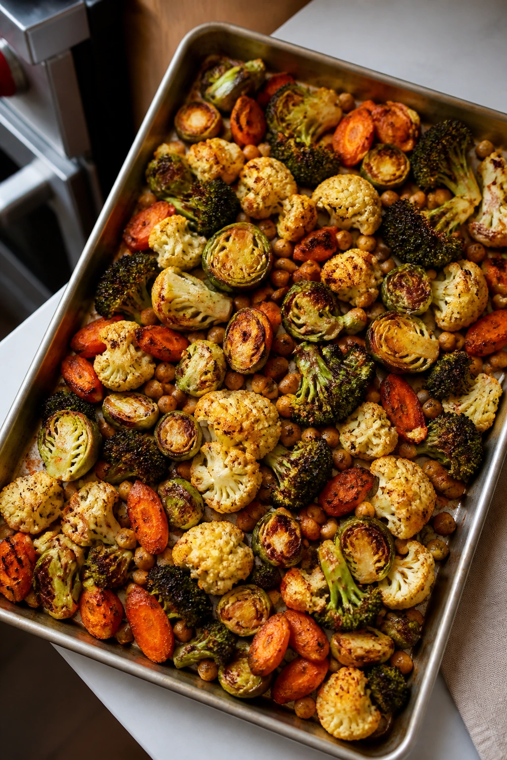 Top-down view of bronzed roasted vegetables on a baking sheet filling the frame