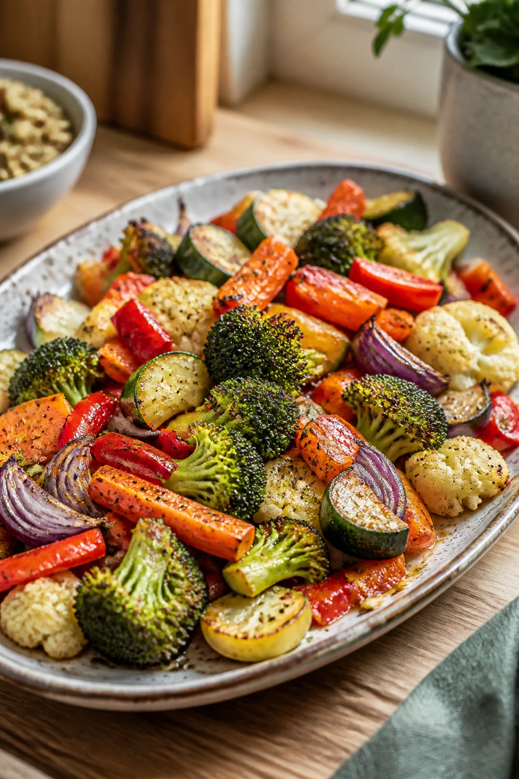 Close-up of roasted vegetables on a rustic platter in a warm kitchen