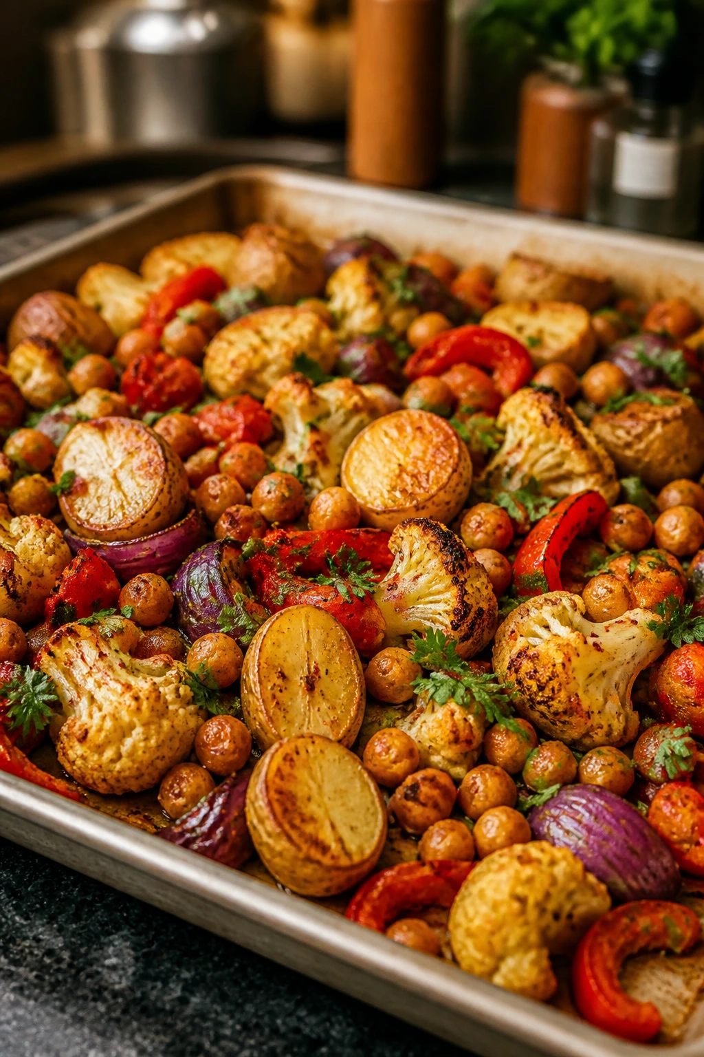 Tray of varied roasted vegetables with herbs