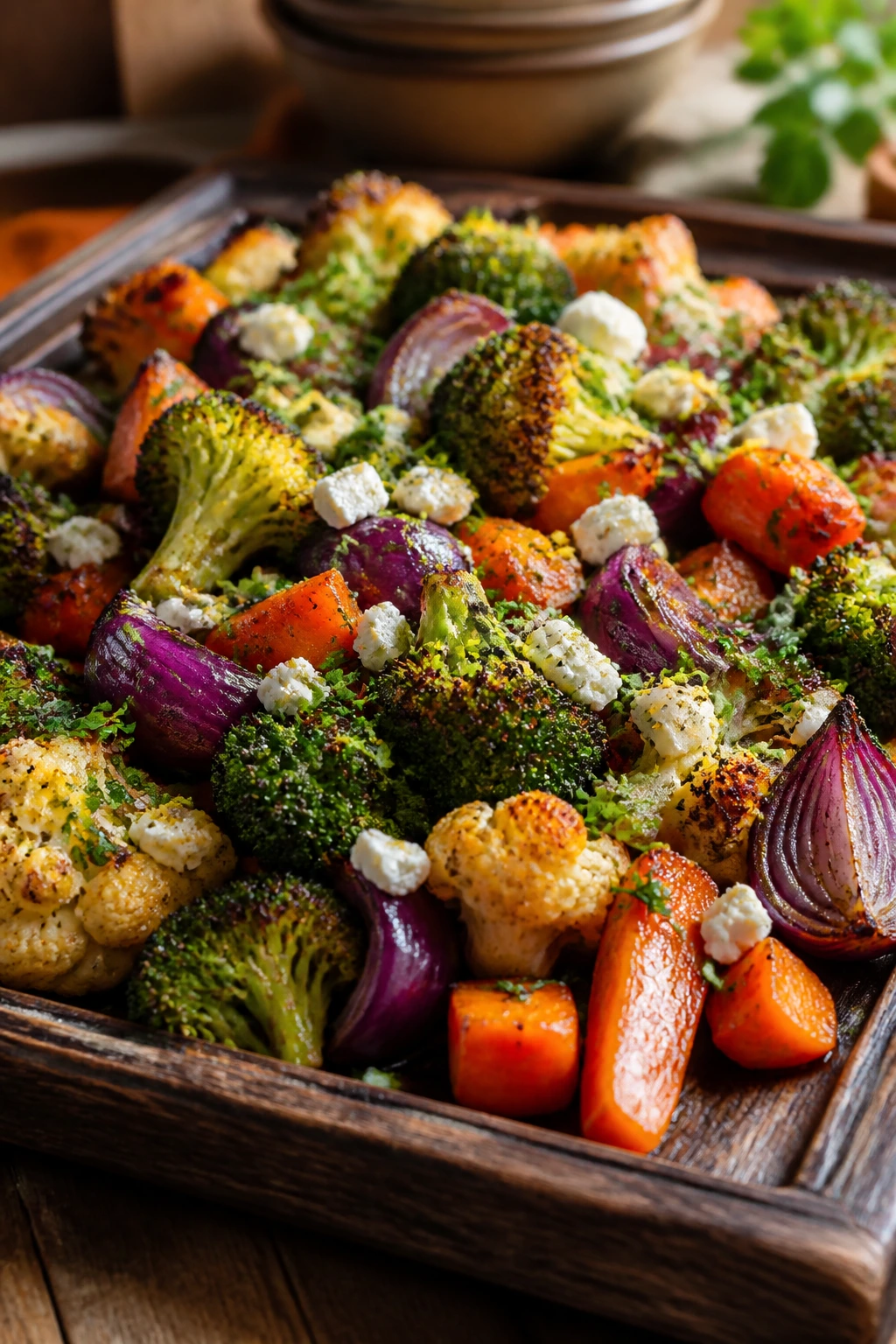 Roasted veggie tray showing variations with toppings for flavor paths