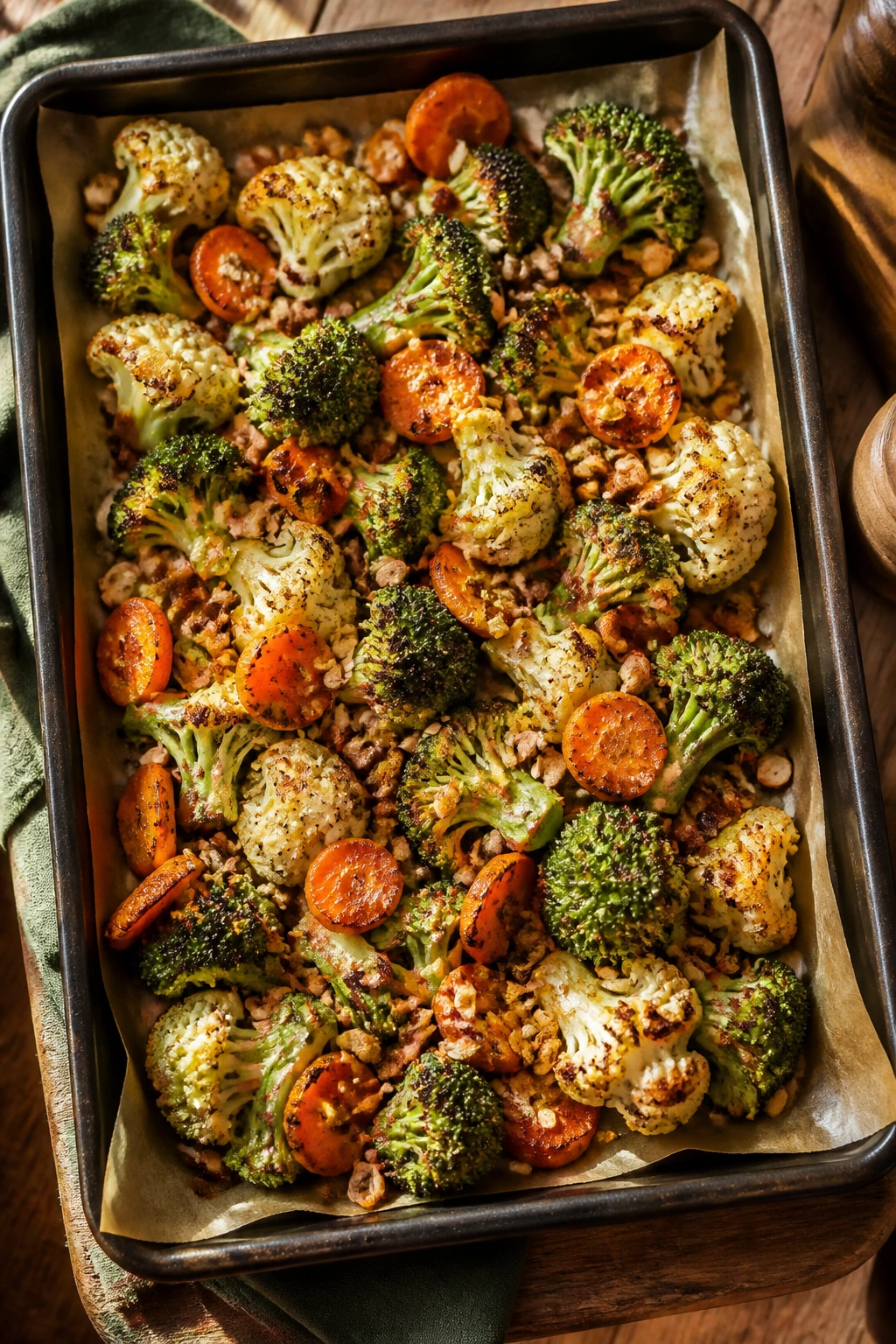 Tray of roasted vegetables with nuts and smoky glaze