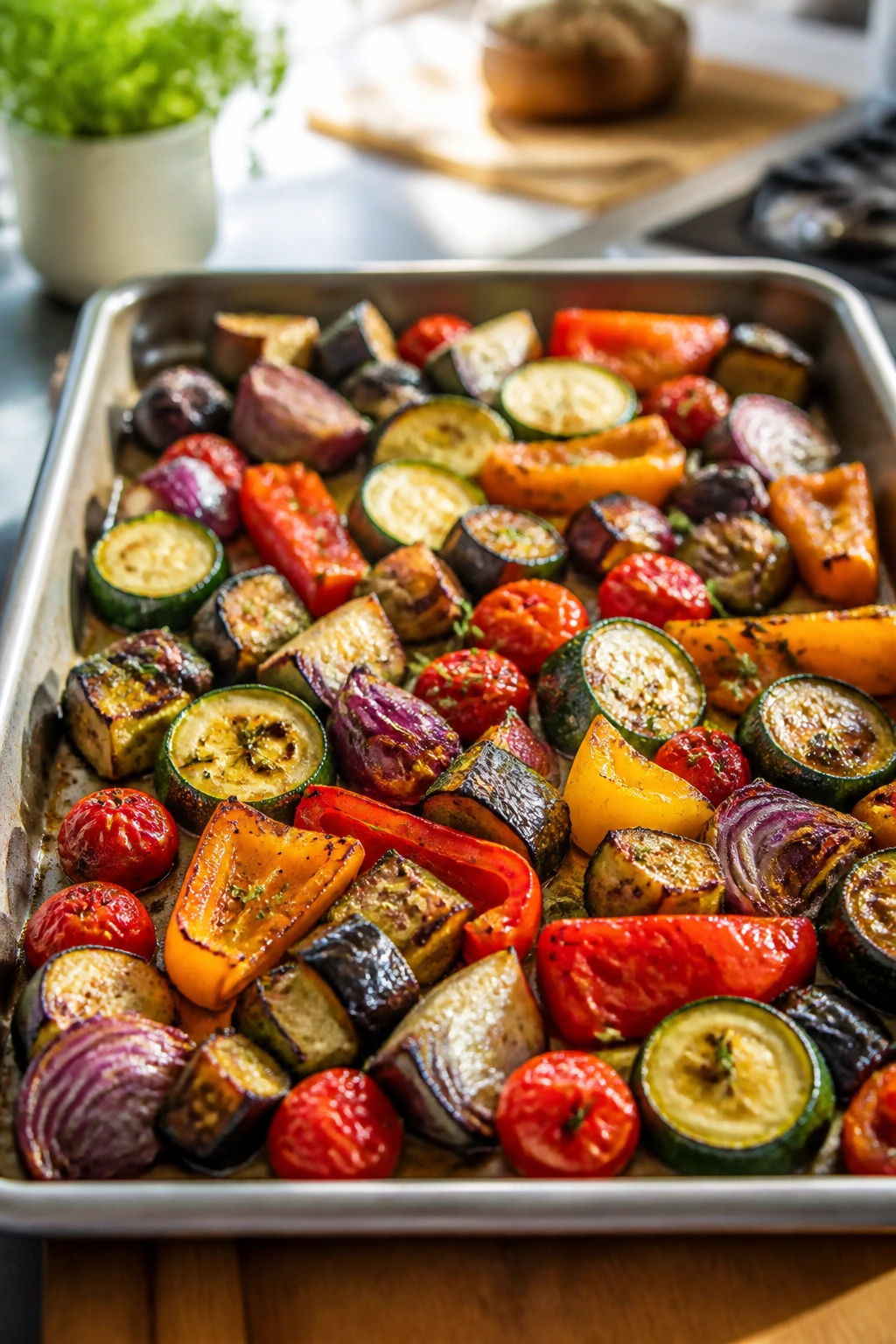Vibrant roasting tray with varied vegetables
