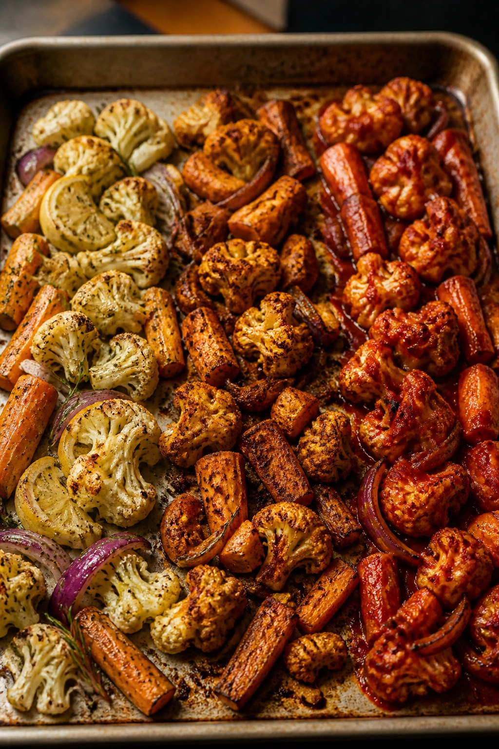 A tray of roasted vegetables showing flavor variation zones