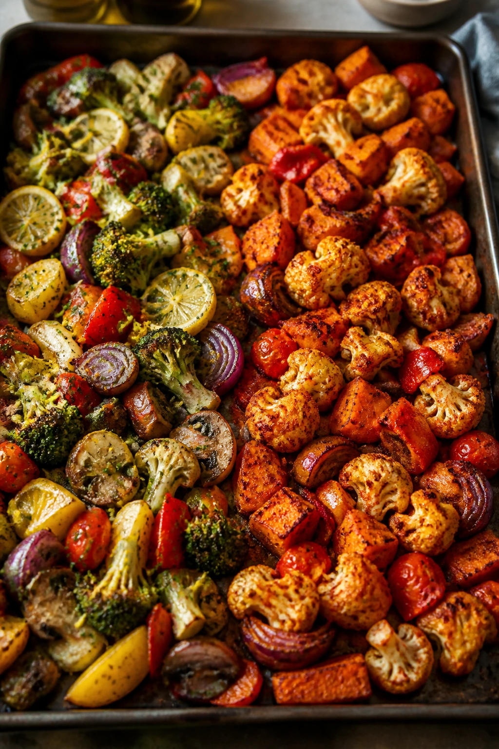 Sheet pan with two flavor variations of roasted vegetables: lemon-herb and harissa.