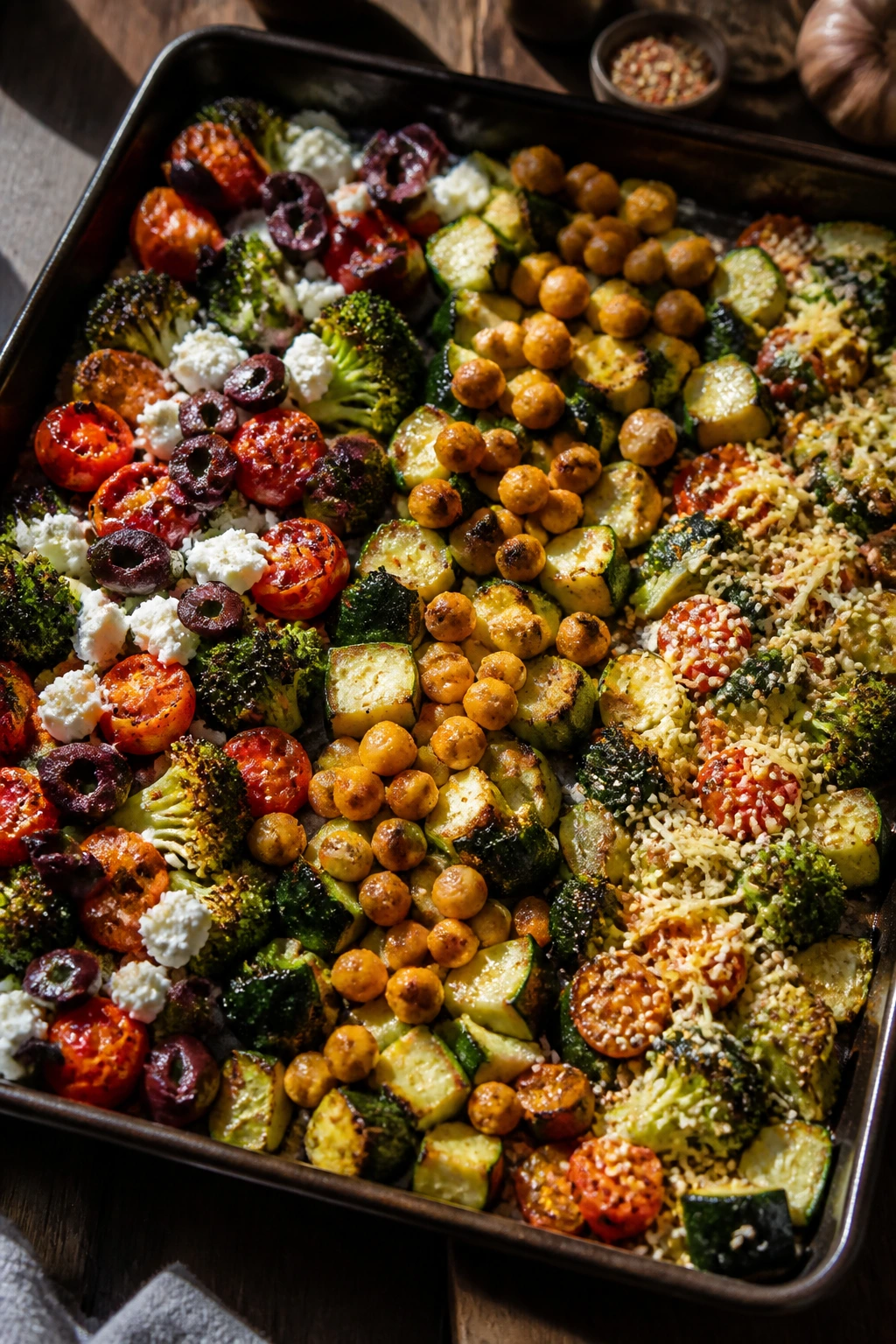 Roasted vegetables with varied finishes on one pan