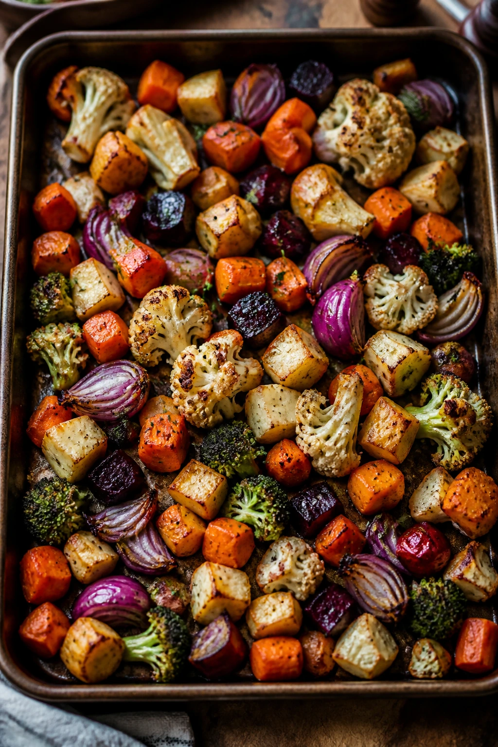 Assorted roasted vegetables on a full baking sheet