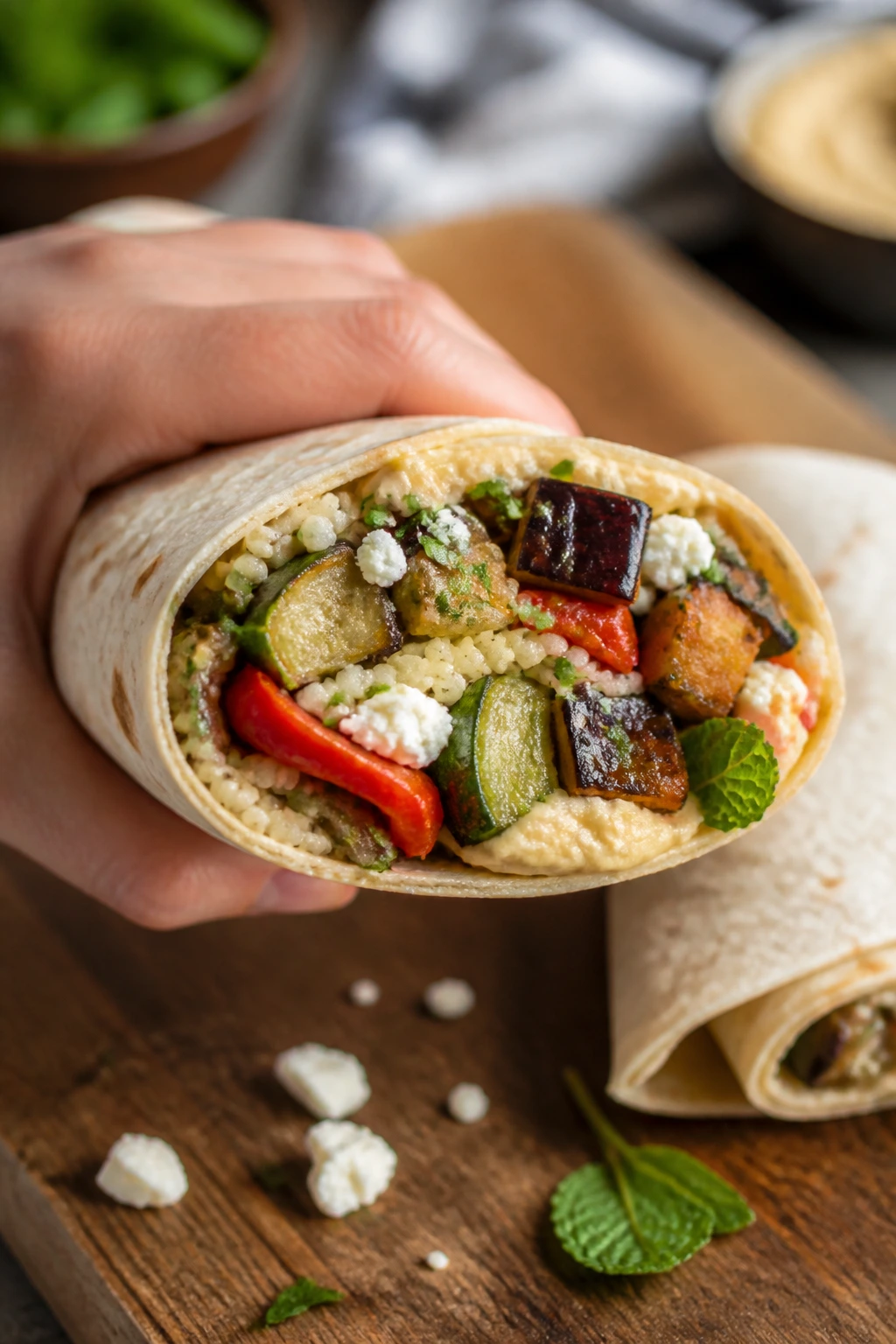Close-up of a roasted veg couscous wrap with hummus feta mint on a wooden board