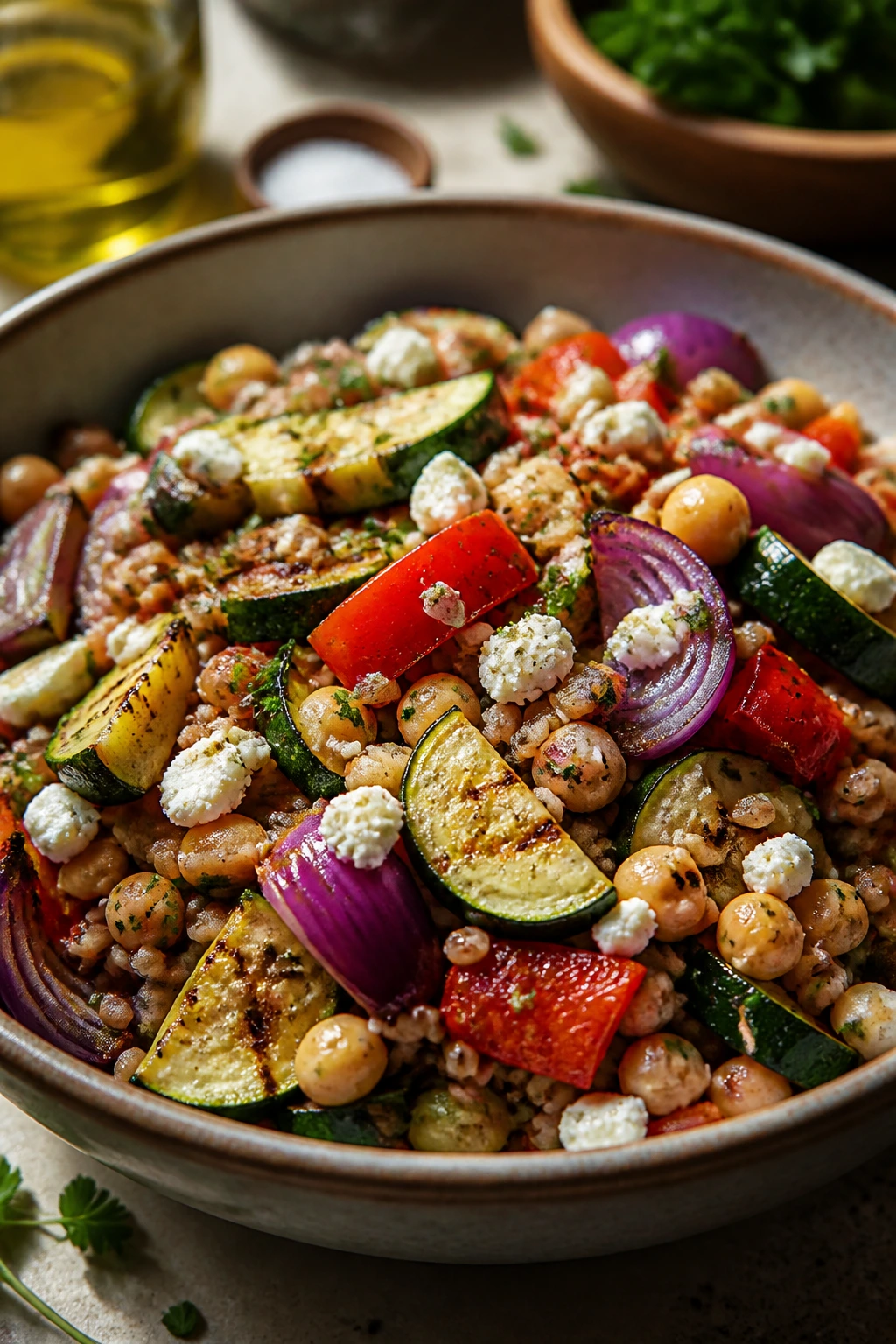 Close-up of Roasted Veggie Farro Salad with feta and lemon