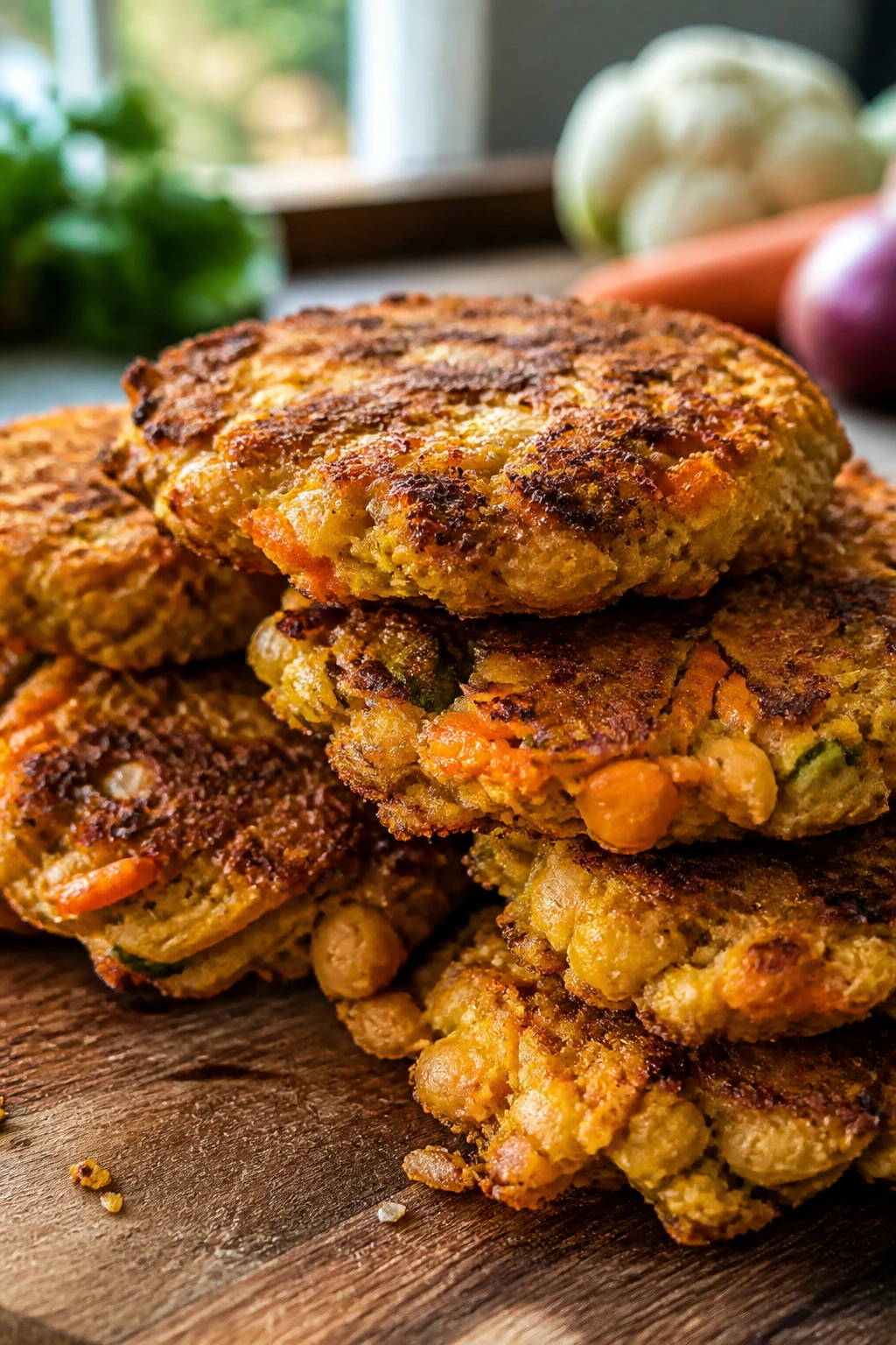 Close-up of crispy roasted veggie fritters on a wooden board
