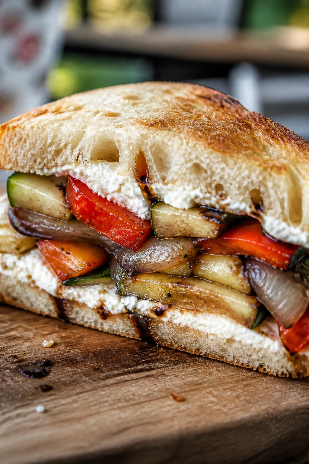 Close-up of roasted veggie and goat cheese sandwich