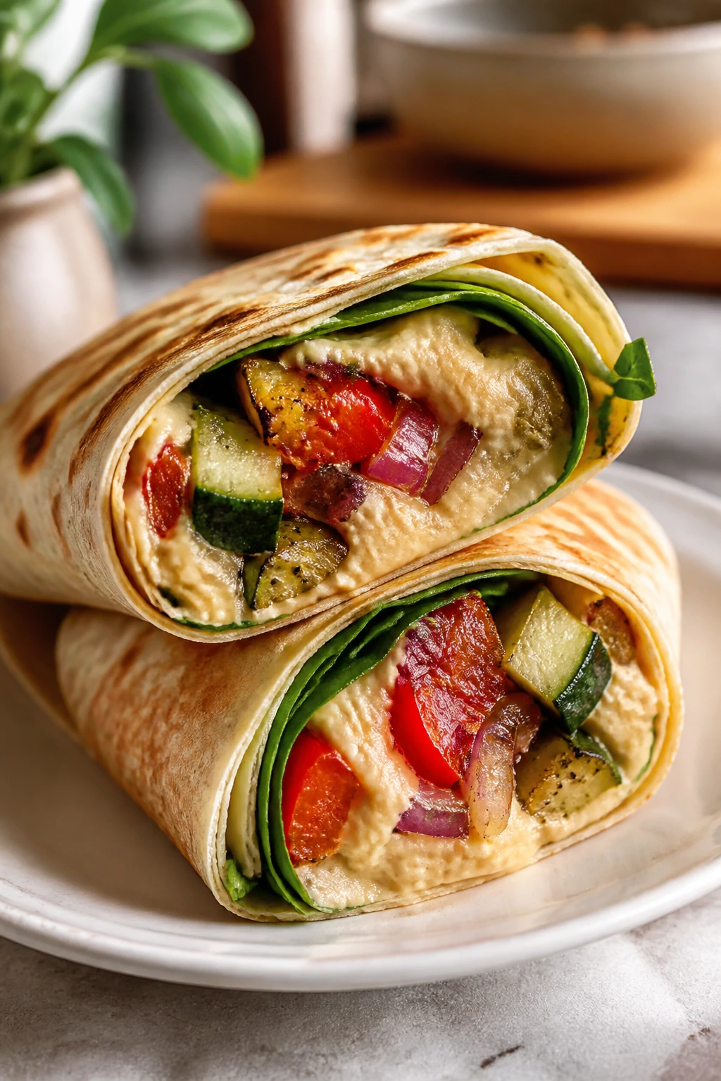 Close-up of roasted veggie hummus wraps filled with vegetables