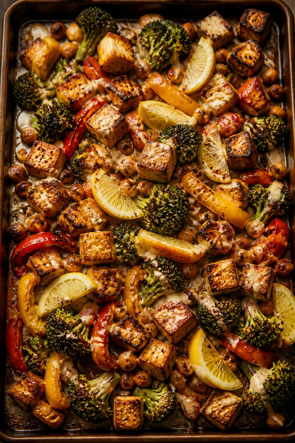 Glossy roasted veggie tray with tofu and chickpeas