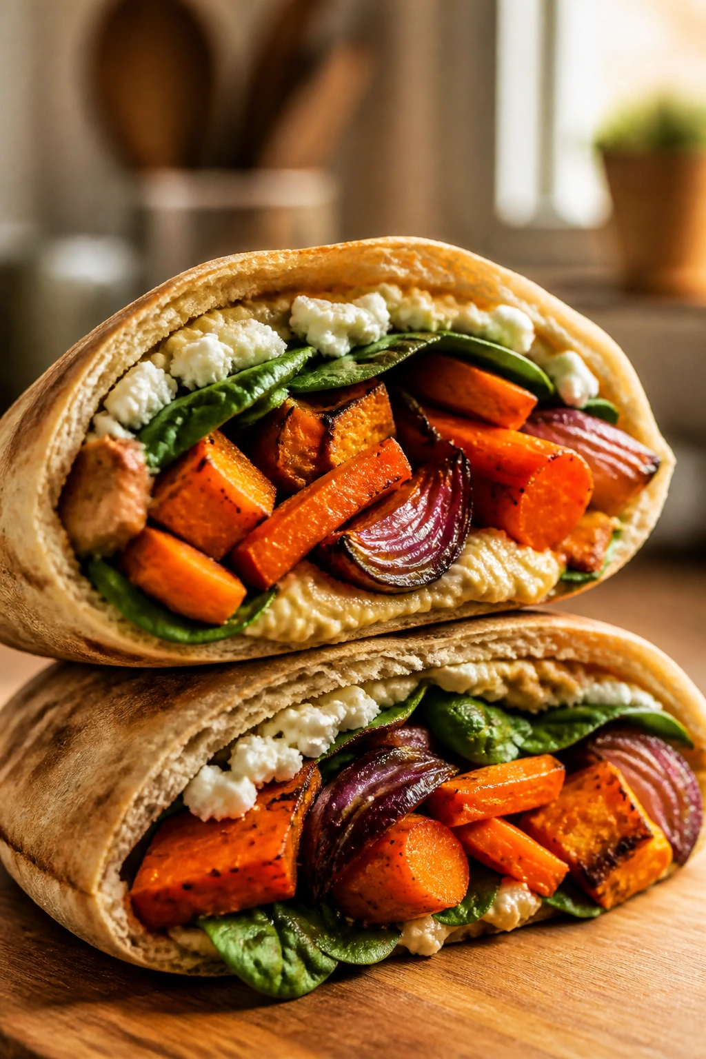 Close-up of roasted veg hummus pita pocket showing carrots, sweet potato, onion, spinach