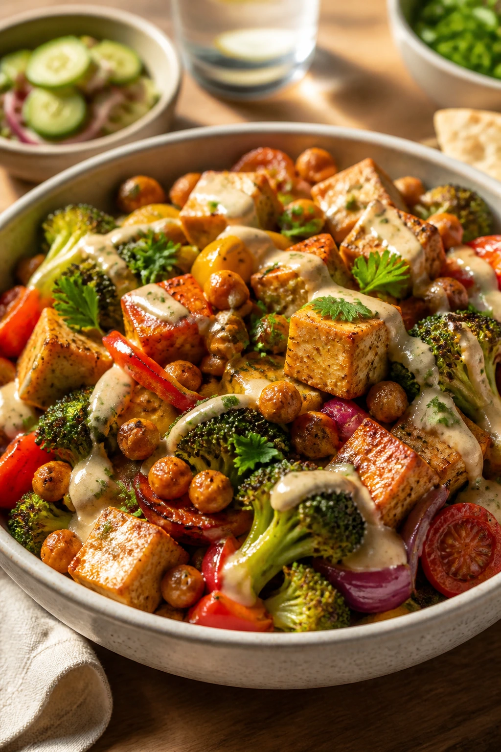 Plate of roasted protein veggies with lemon-tahini drizzle and herbs.