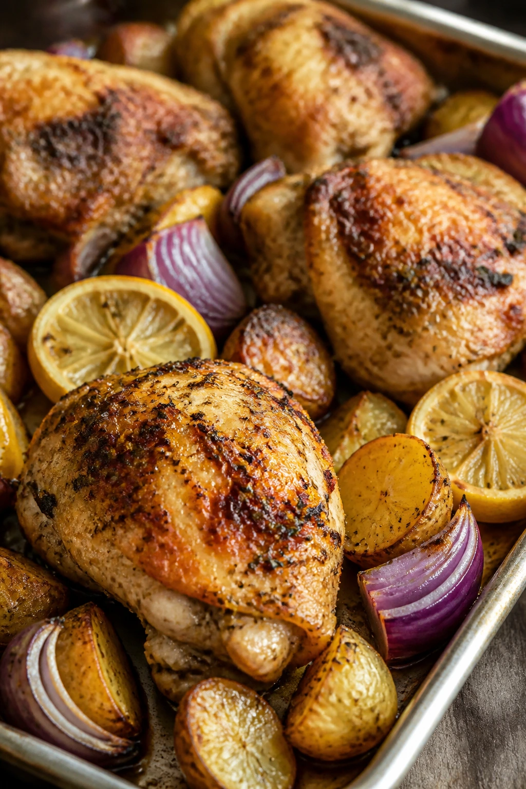 Roasted Greek yogurt chicken with potatoes on a sheet pan