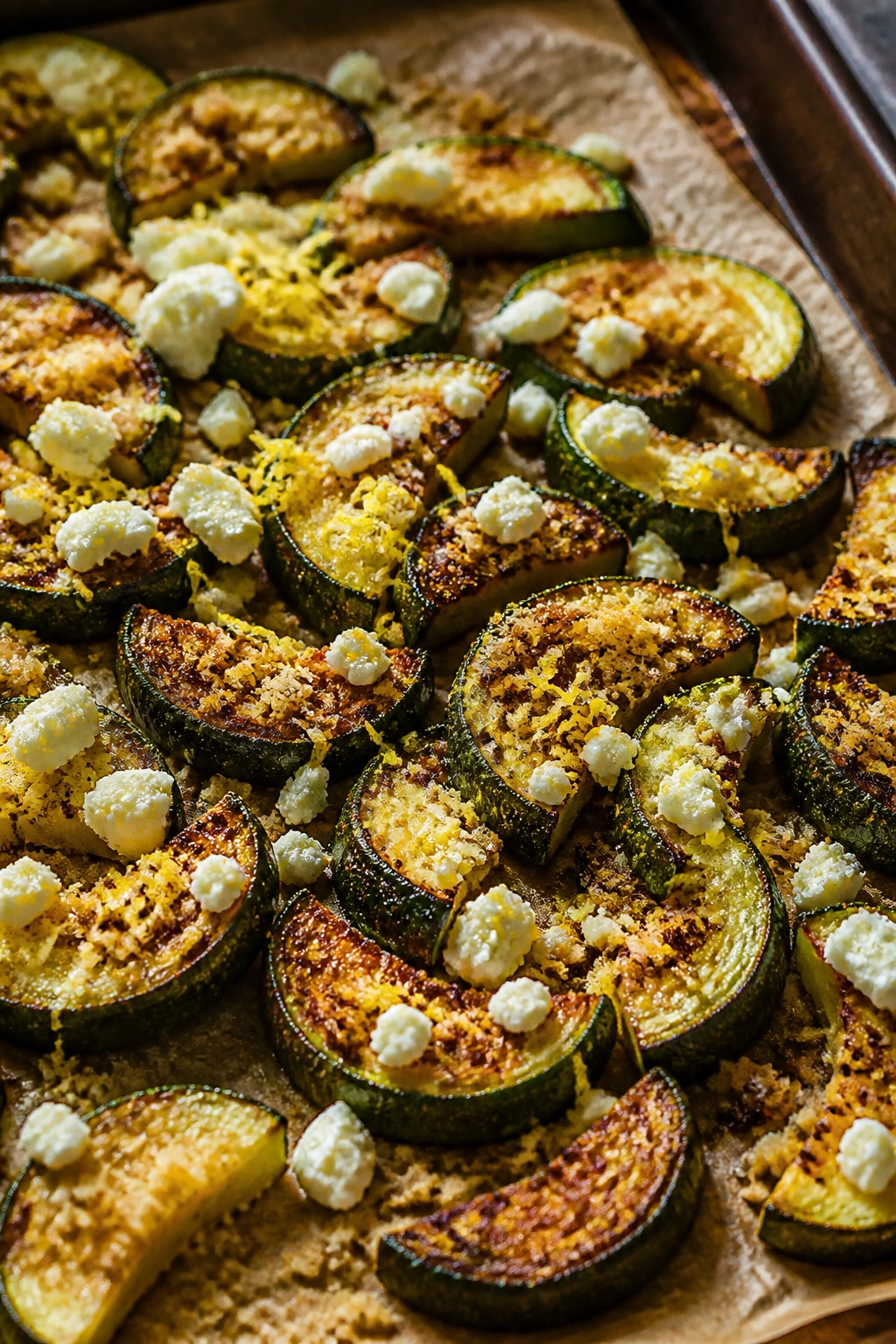 Close-up of roasted zucchini with feta and breadcrumbs on parchment