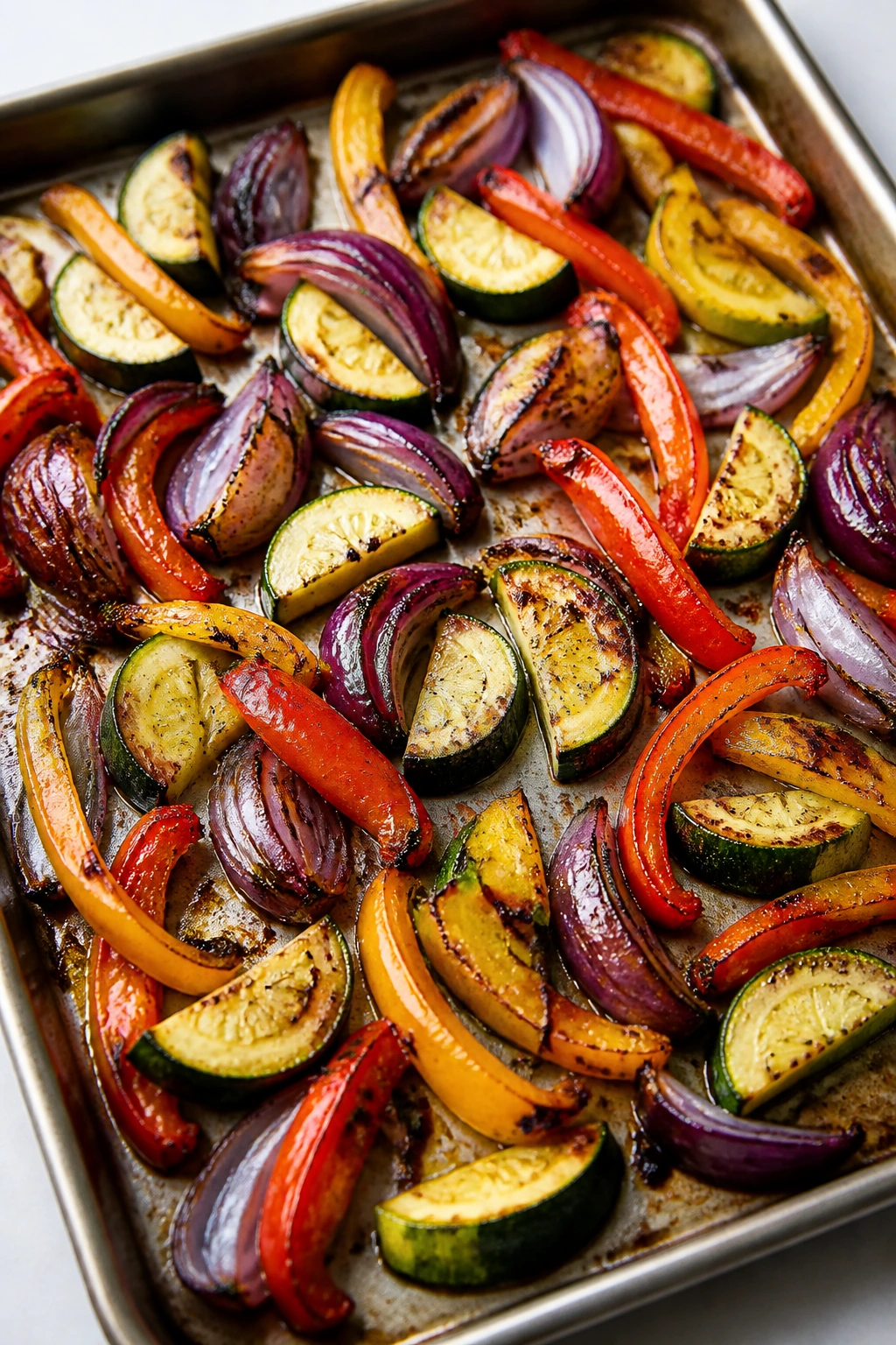 Sheet pan with zucchini, peppers, and red onion roasting quickly