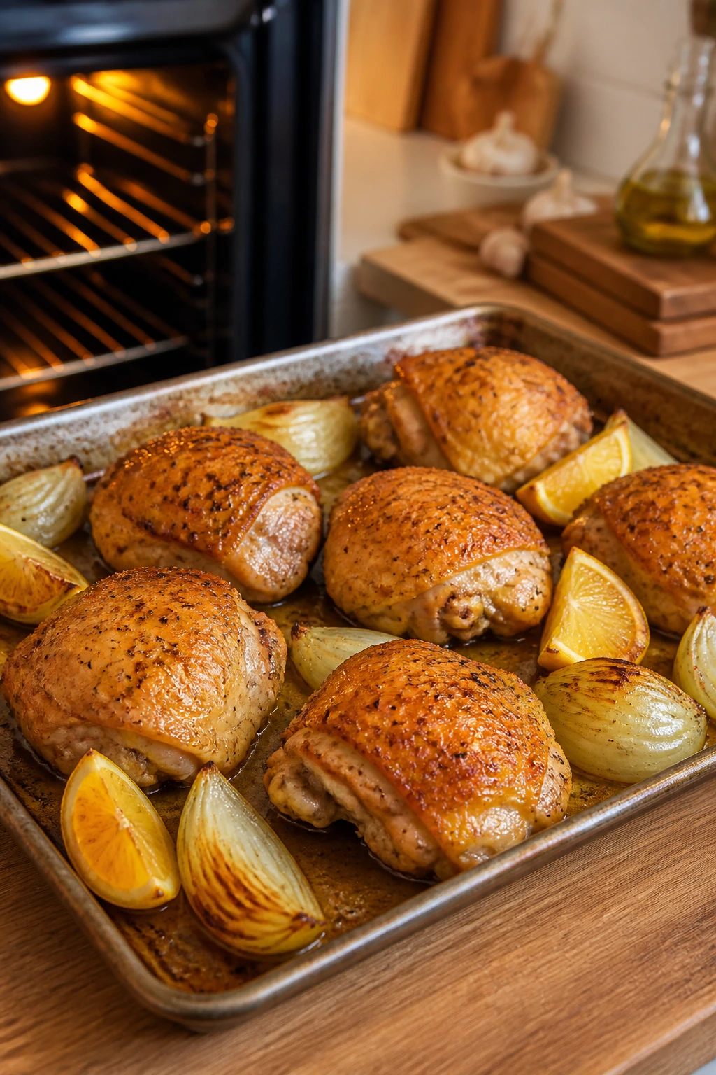 Sheet pan of roasting chicken thighs with onions and lemons in a kitchen