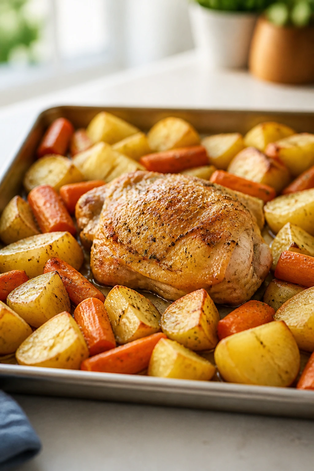 Sheet pan with chicken thigh and vegetables ready for roasting