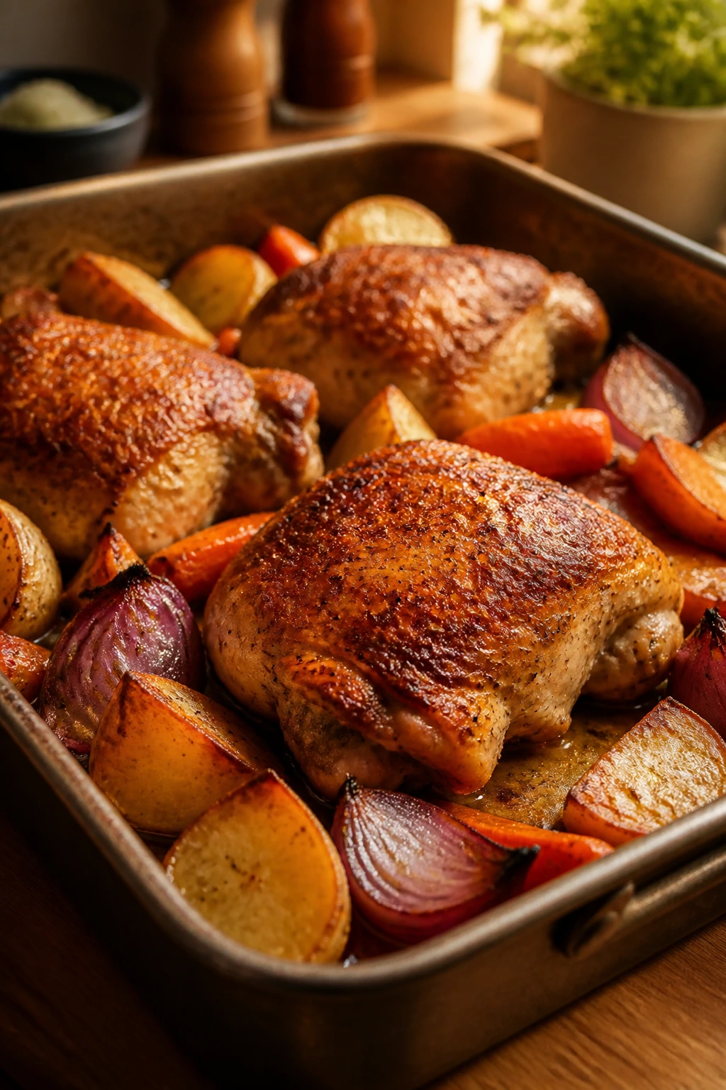 Crispy roasted chicken and potatoes in a roasting pan