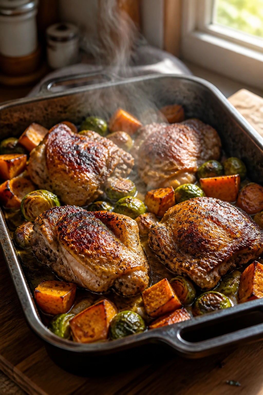 Close-up of hot roasting pan with lacquered chicken and browned vegetables, steam rising