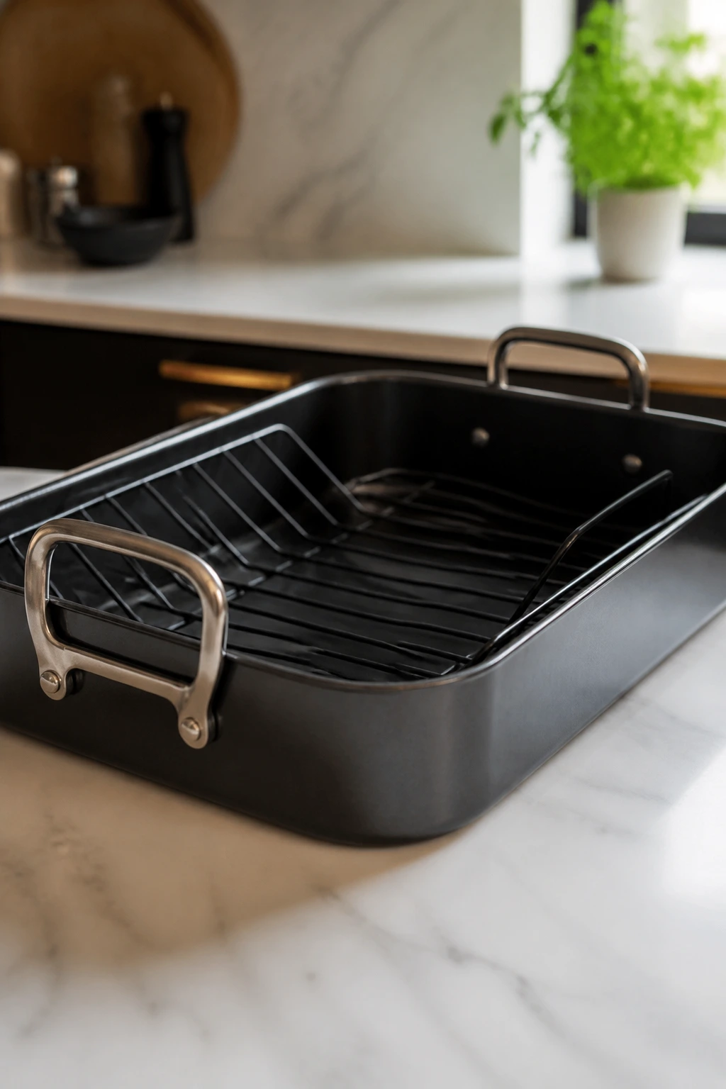 Heavy roasting pan with rack on kitchen counter