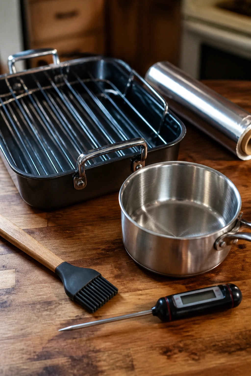 Essential ham-glazing tools arranged on counter