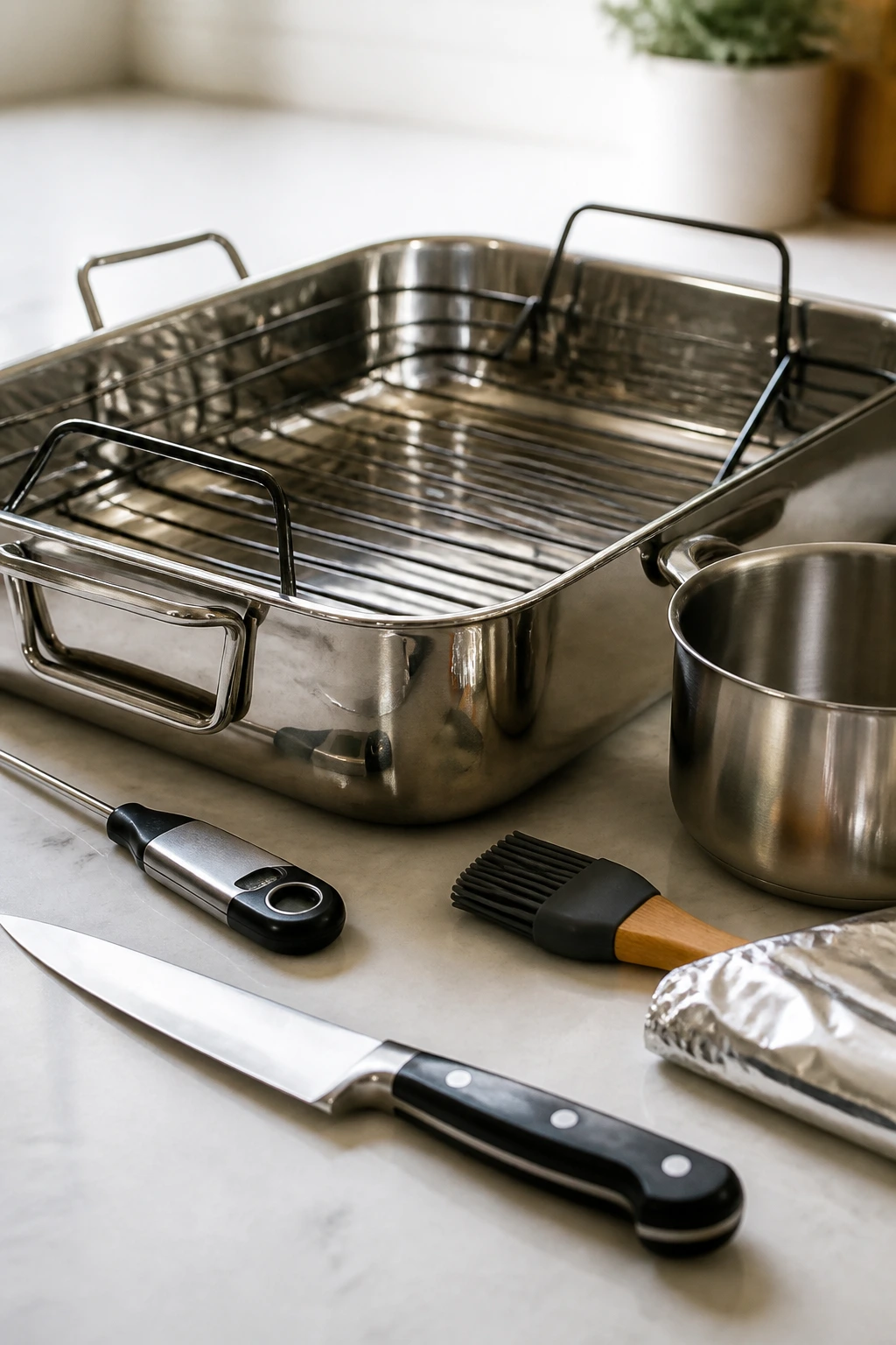 Shiny roasting pan with rack on a kitchen counter