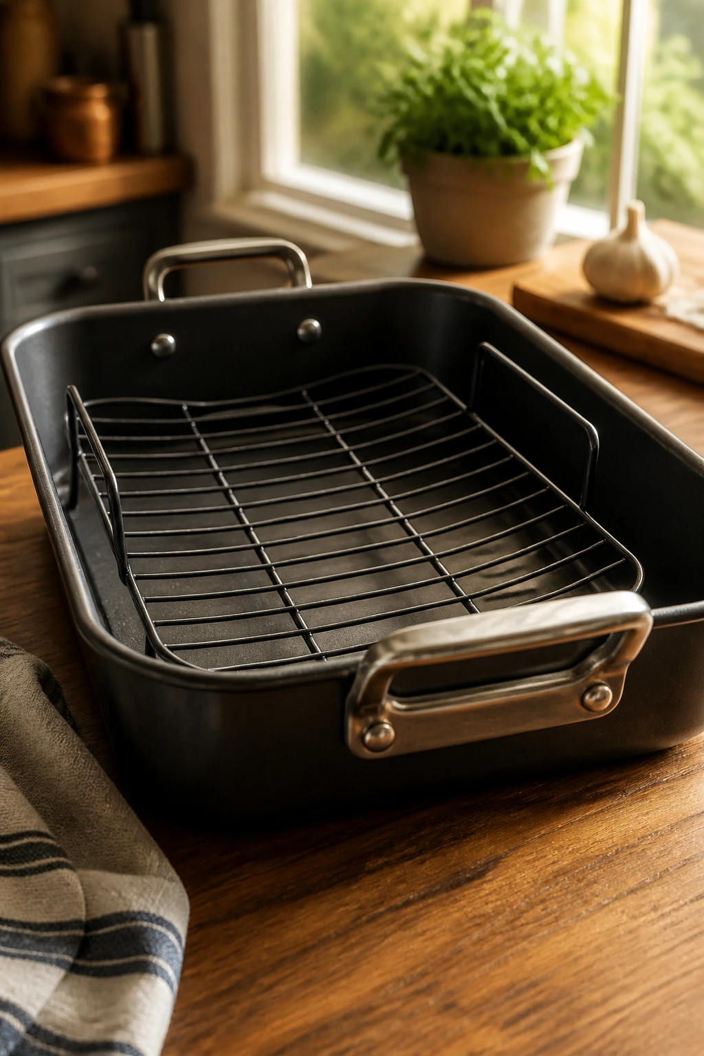 Close-up of a roasting pan with rack on wooden counter