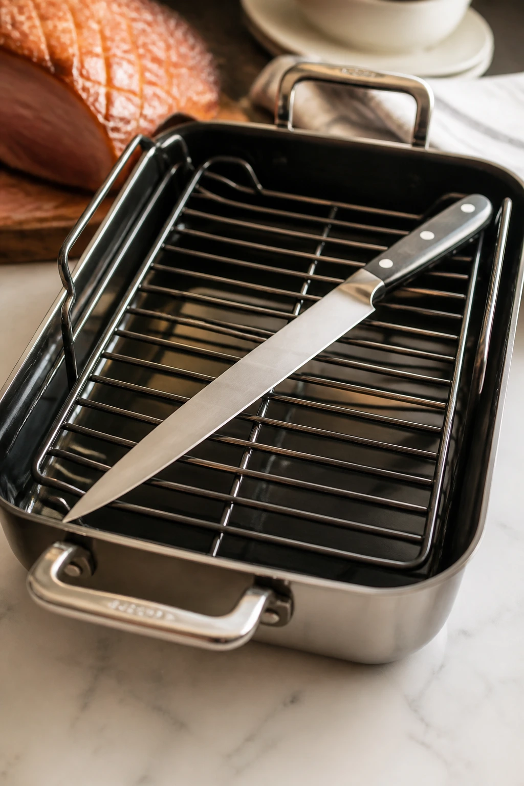 Roasting pan with rack and carving knife ready for slicing ham