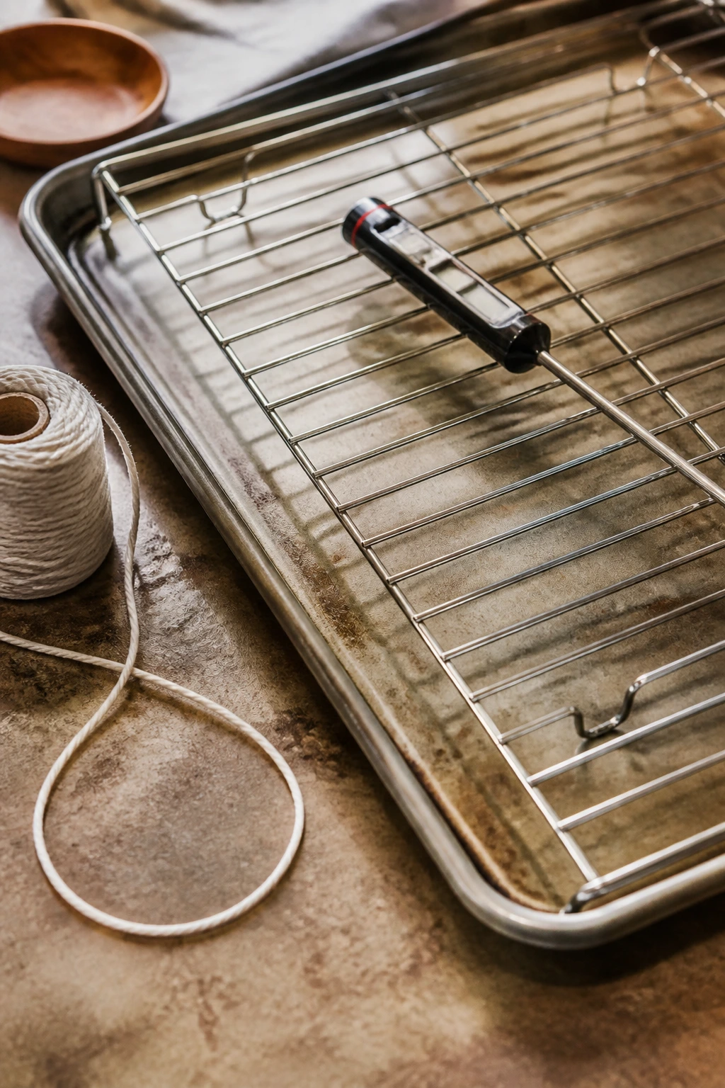 Close-up of roasting pan, wire rack, and thermometer in a kitchen