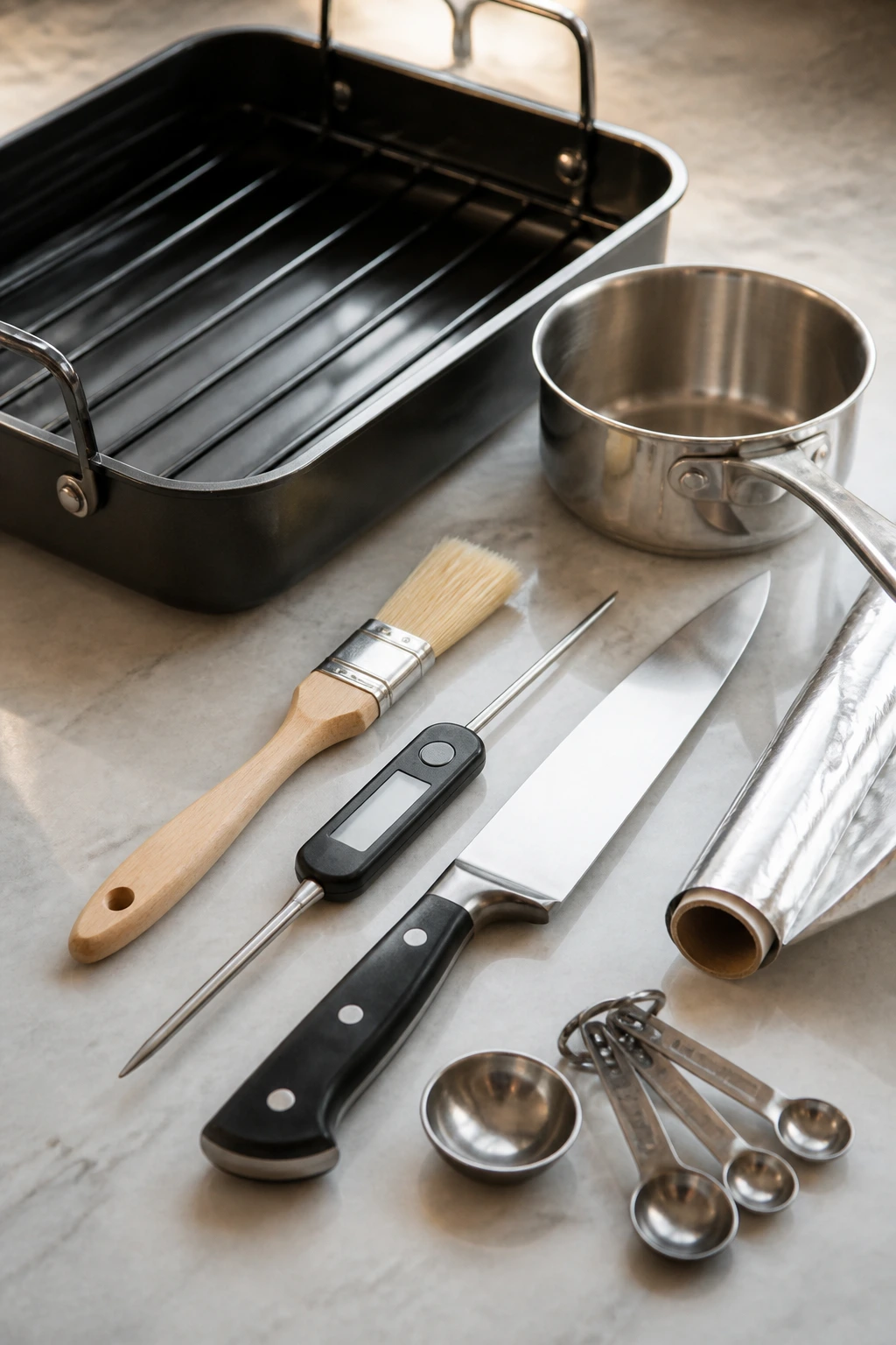 Set of essential ham prep tools arranged neatly