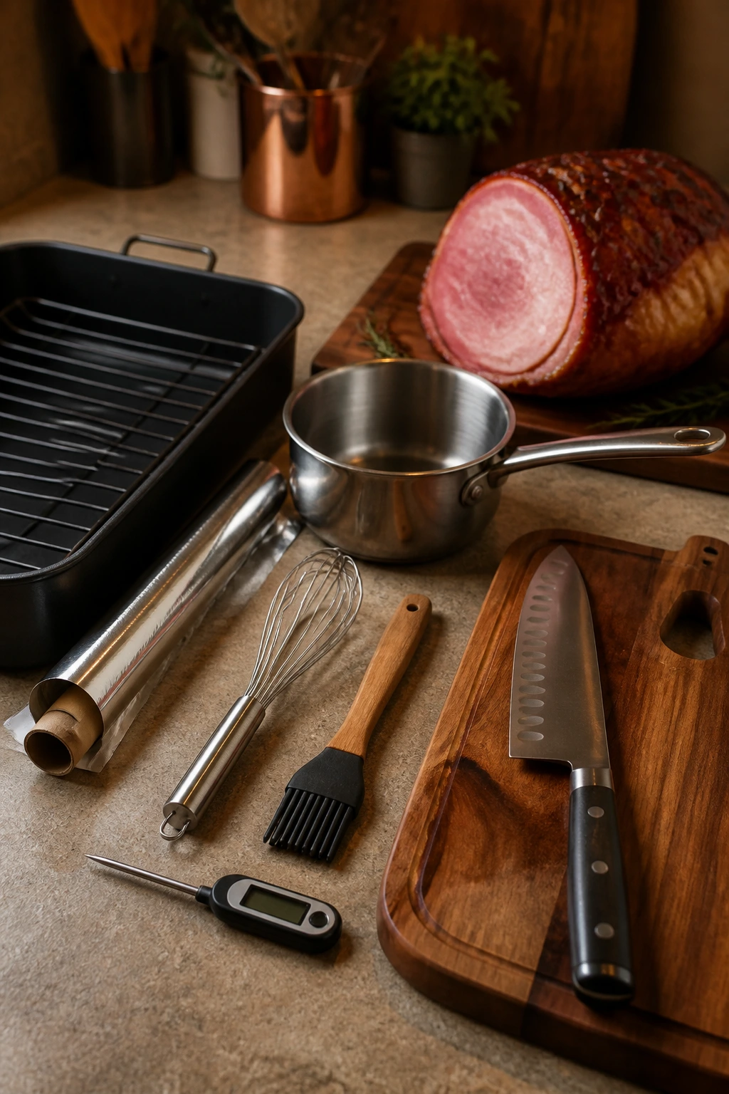 Lineup of roasting and kitchen tools on a counter