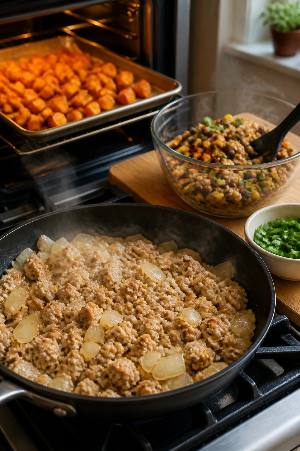 Kitchen scene showing roasting potatoes and turkey cooking in a skillet