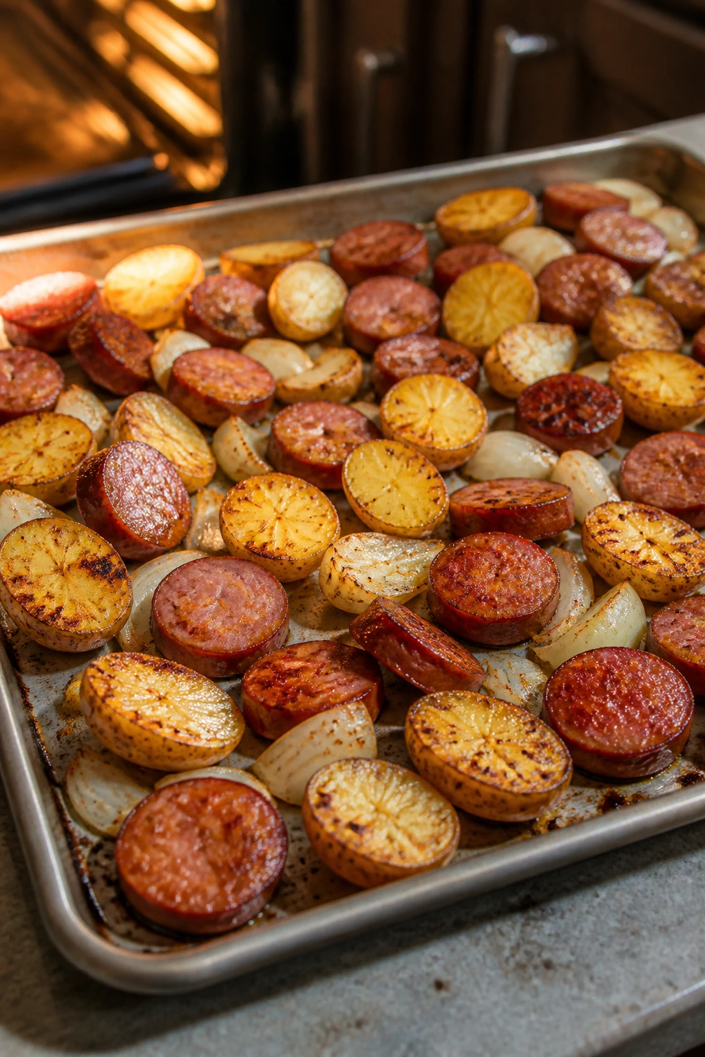Close-up of a sheet pan with potatoes and sausage browning in a kitchen