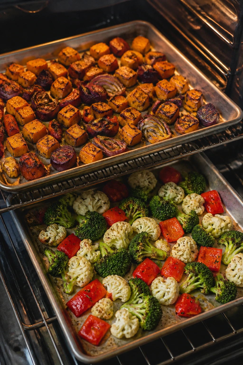 Two sheet pans showing staged roasting of vegetables