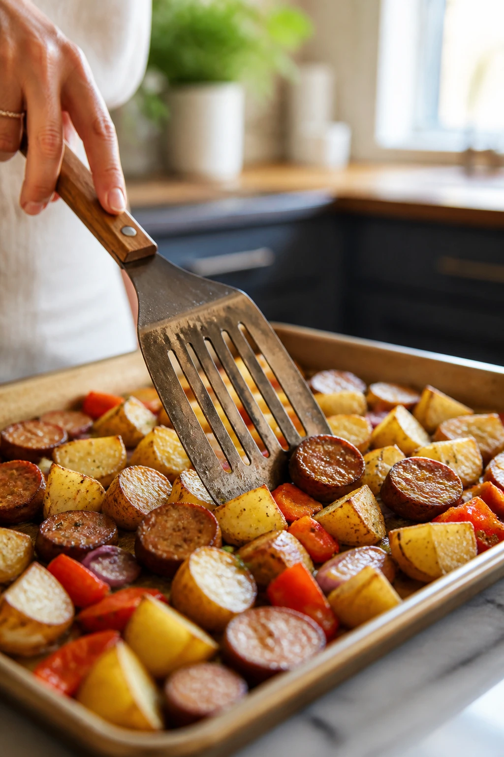 Hand using a spatula to stir roasting potatoes and sausage