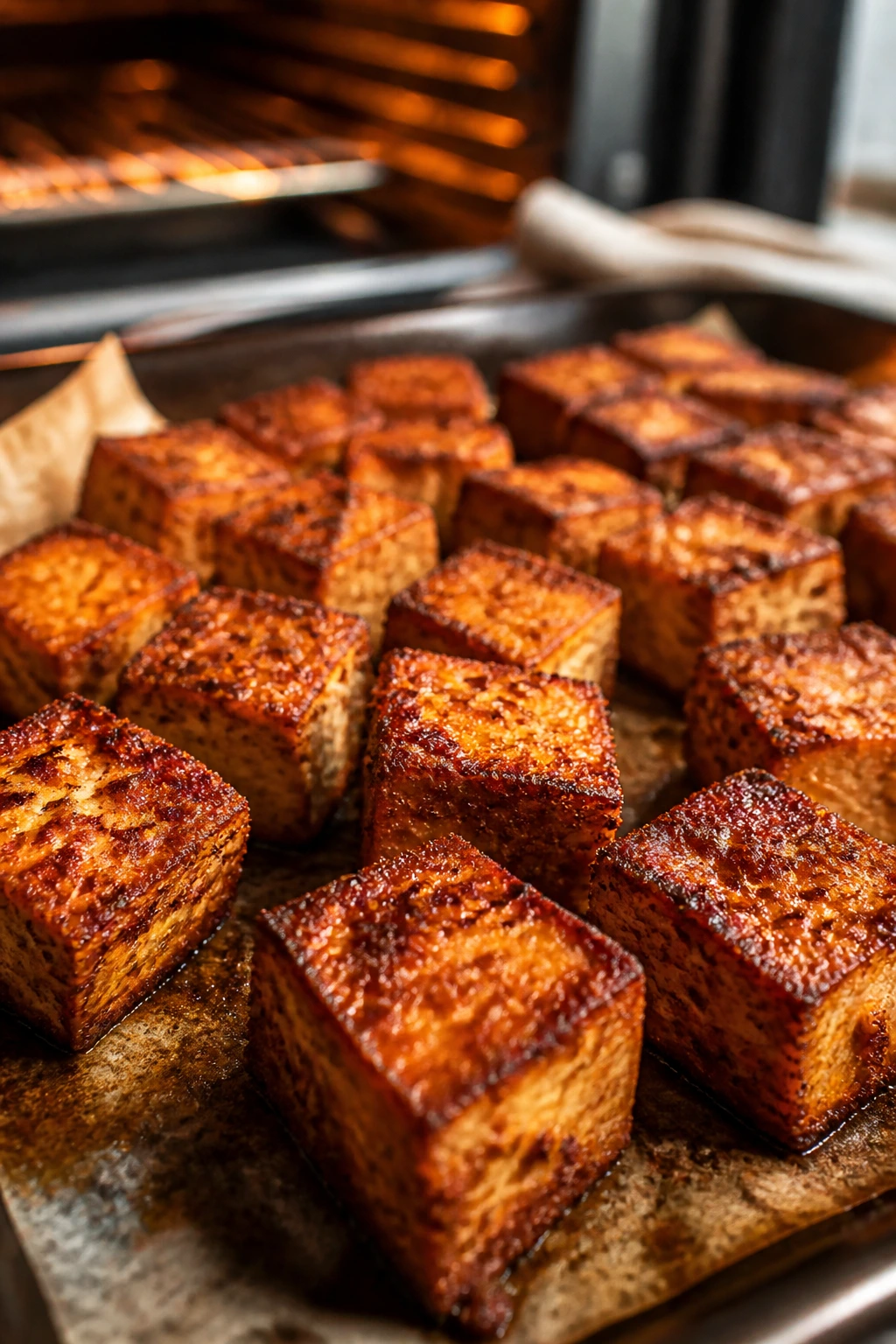 Close-up of crispy roasted tofu cubes with a crusty surface on parchment in a warm kitchen