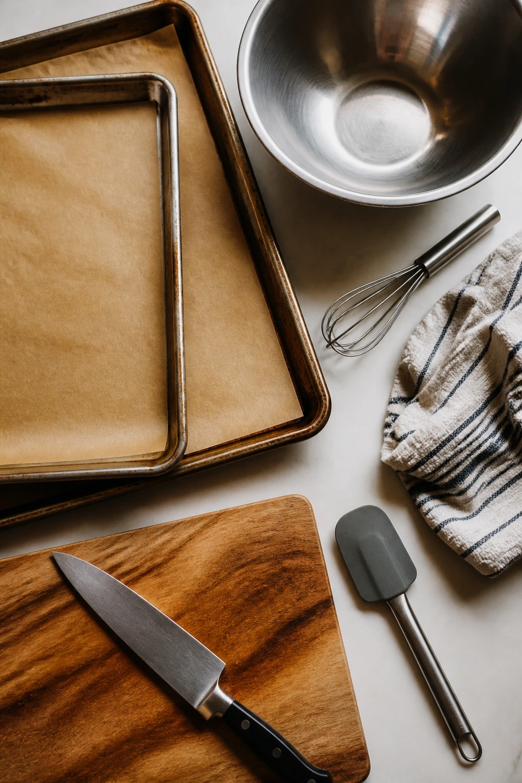 Essential roasting tools including baking sheets, parchment, bowl, whisk, towel, cutting board, knife, and spatula